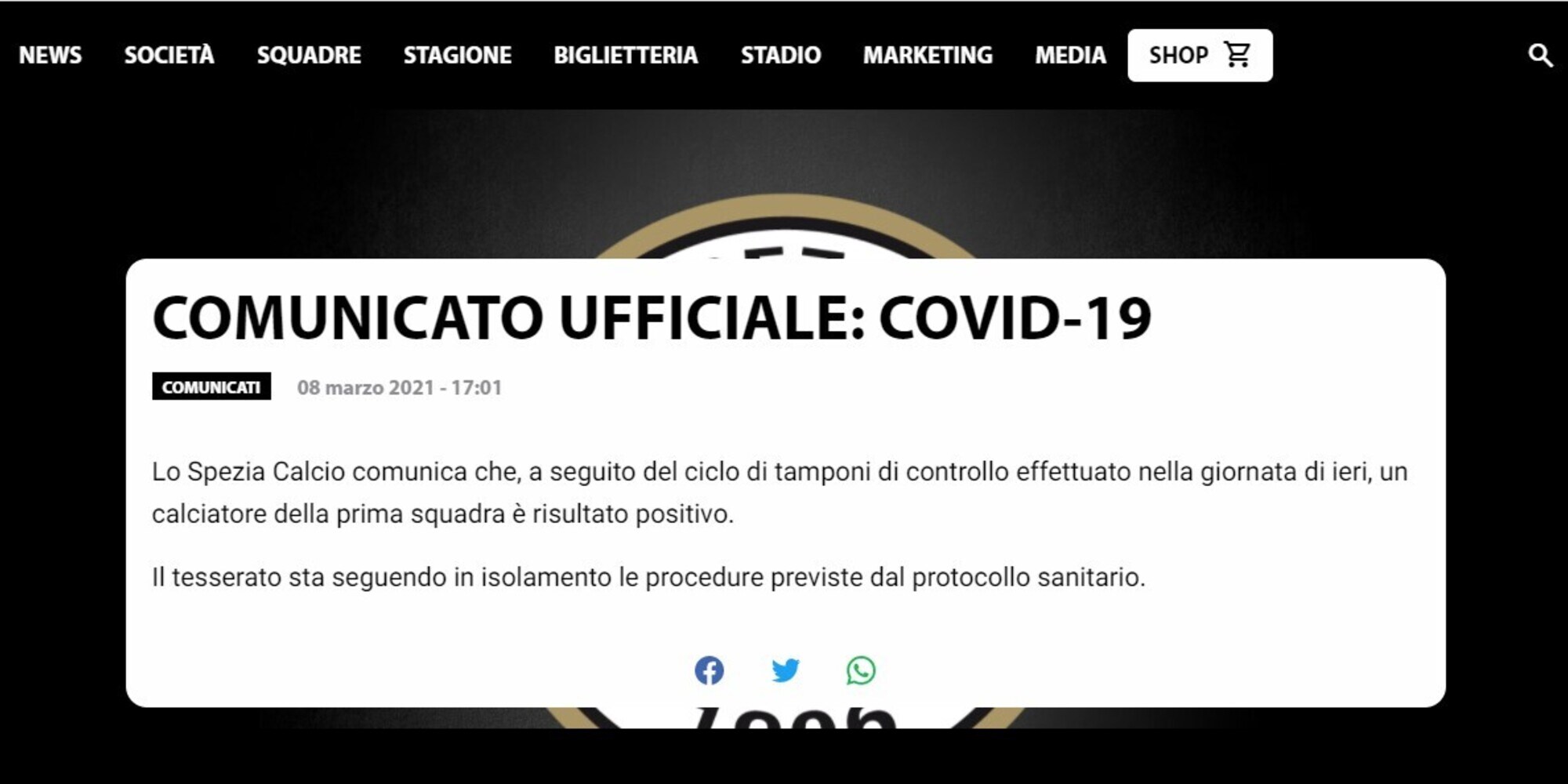 Covid, nel gruppo squadra dello Spezia c'è un altro positivo
