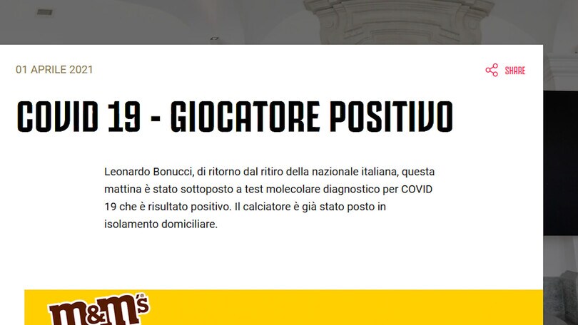 Juve, altro guaio: Bonucci positivo al Covid-19