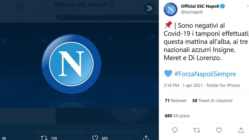 Il Napoli può sorridere: Insigne, Meret e Di Lorenzo negativi ai tamponi