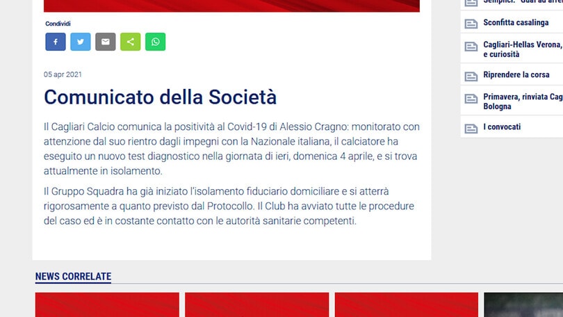 Focolaio Covid in Nazionale, anche Cragno contagiato