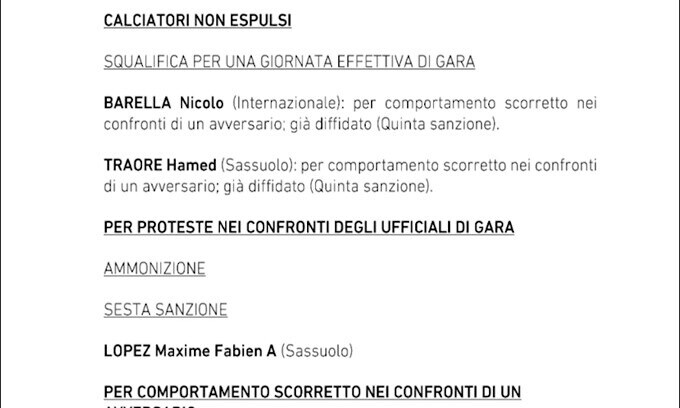 Serie A, stop di 1 turno per Barella e Traorè
