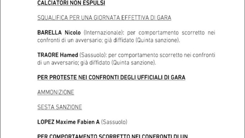 Serie A, stop di 1 turno per Barella e Traorè