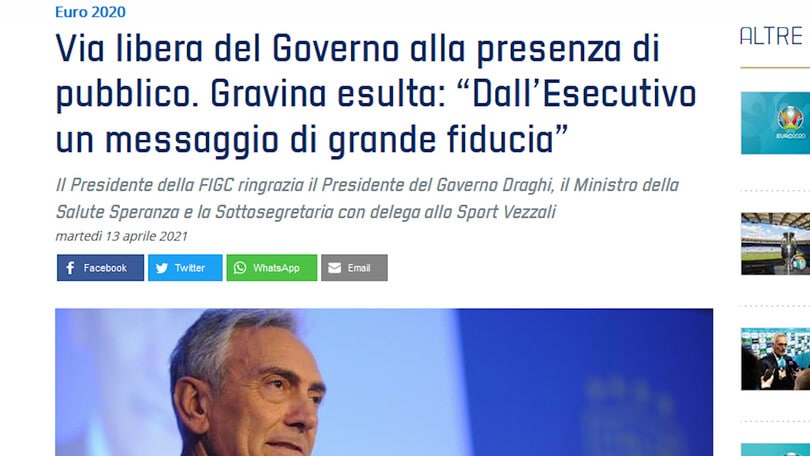 Euro2020, il governo italiano dà l'ok al 25% di tifosi all'Olimpico