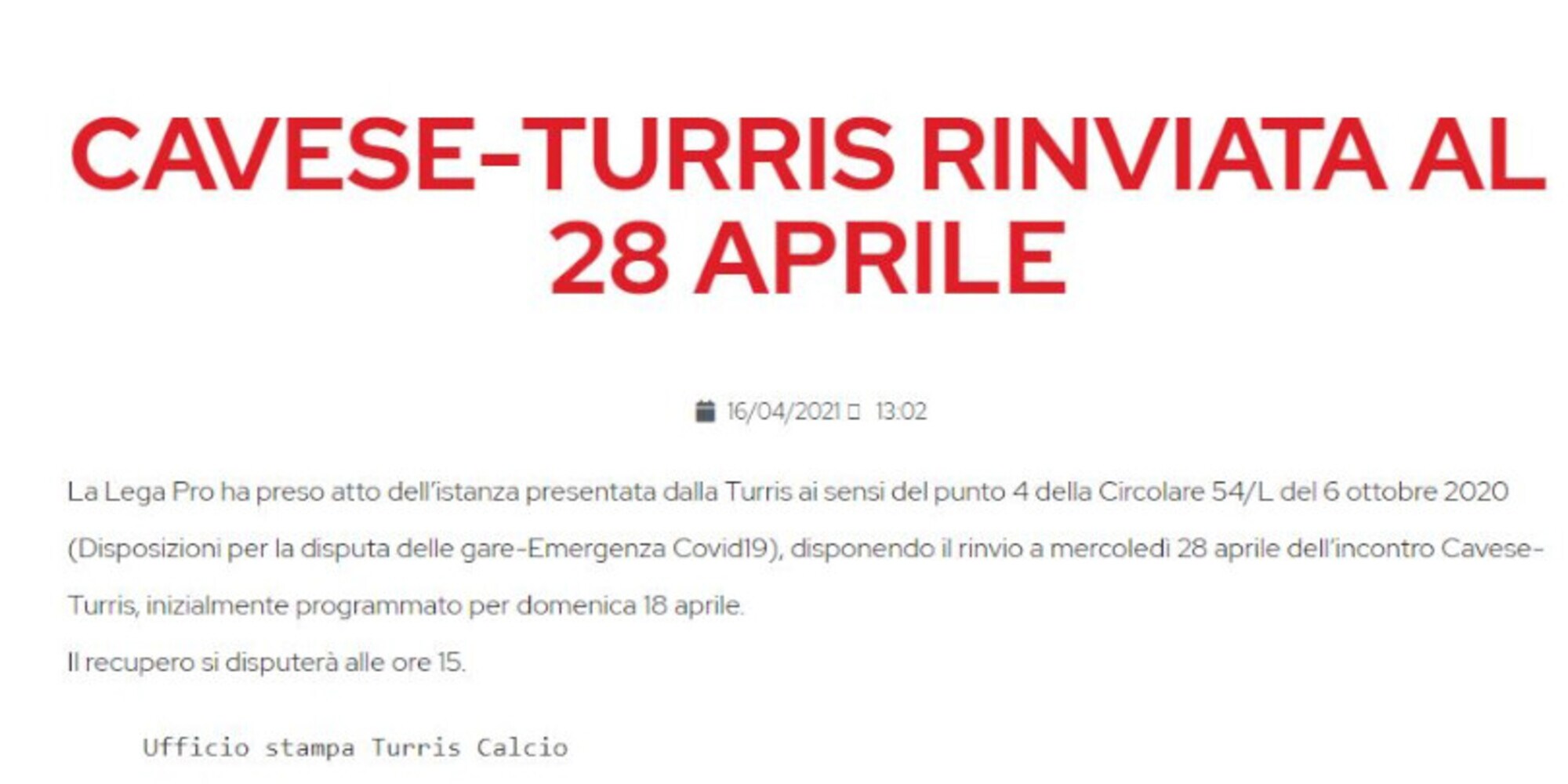 Serie C, Cavese-Turris rinviata al 28 aprile per Covid