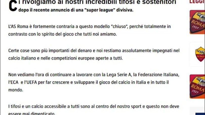 La Roma prende posizione: "No alla Superlega"