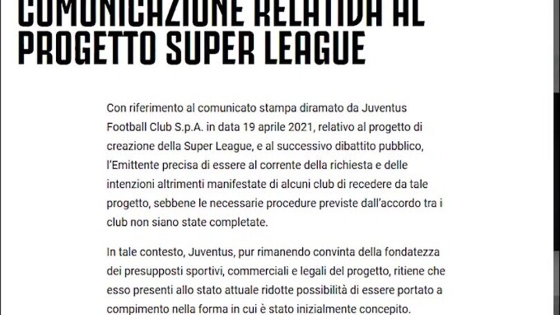 Superlega, la Juve: "Ridotte possibilità di essere portata a compimento"