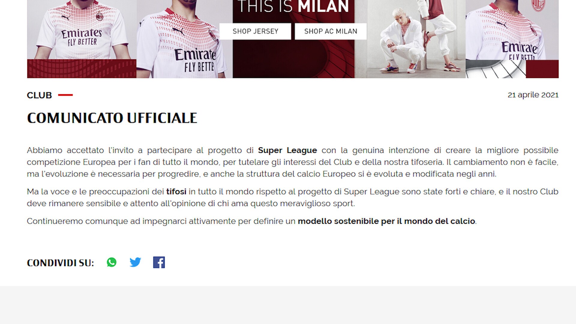Ufficiale, Superlega: il Milan si chiama fuori