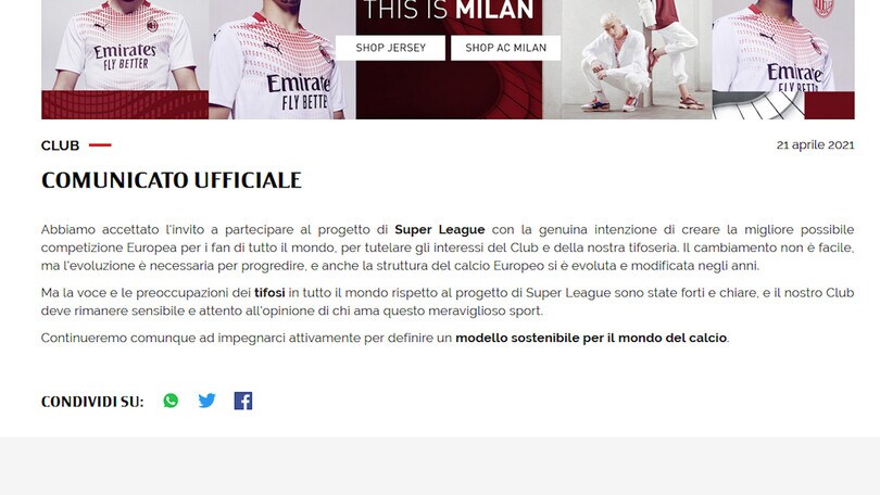 Ufficiale, Superlega: il Milan si chiama fuori