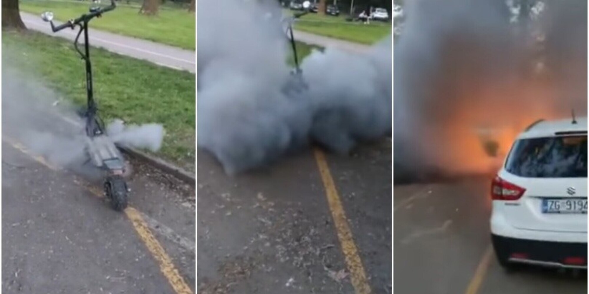 Monopattino elettrico in fiamme: il proprietario riprende la scena con lo smartphone