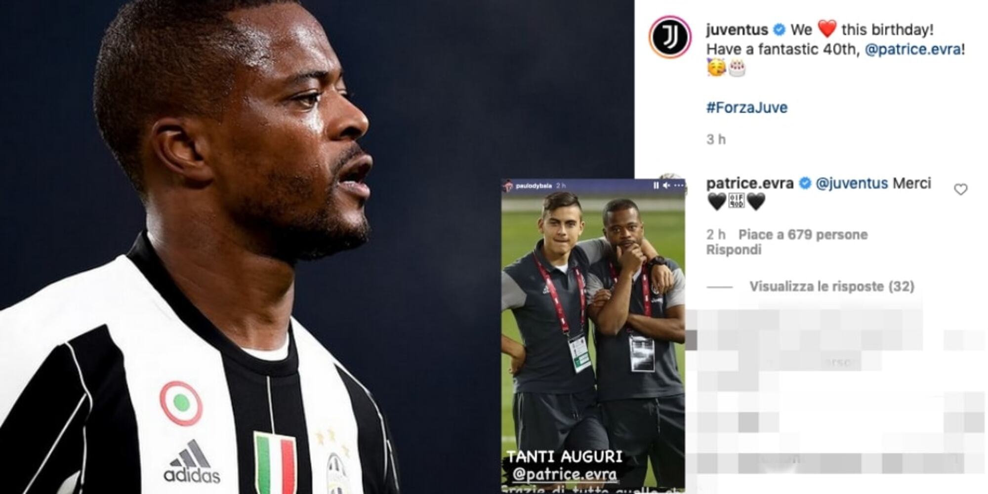Evra compie 40 anni: gli auguri speciali della Juve e di Dybala