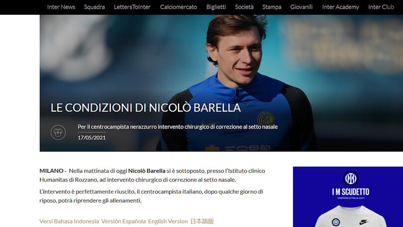 Inter, operazione al naso per Barella
