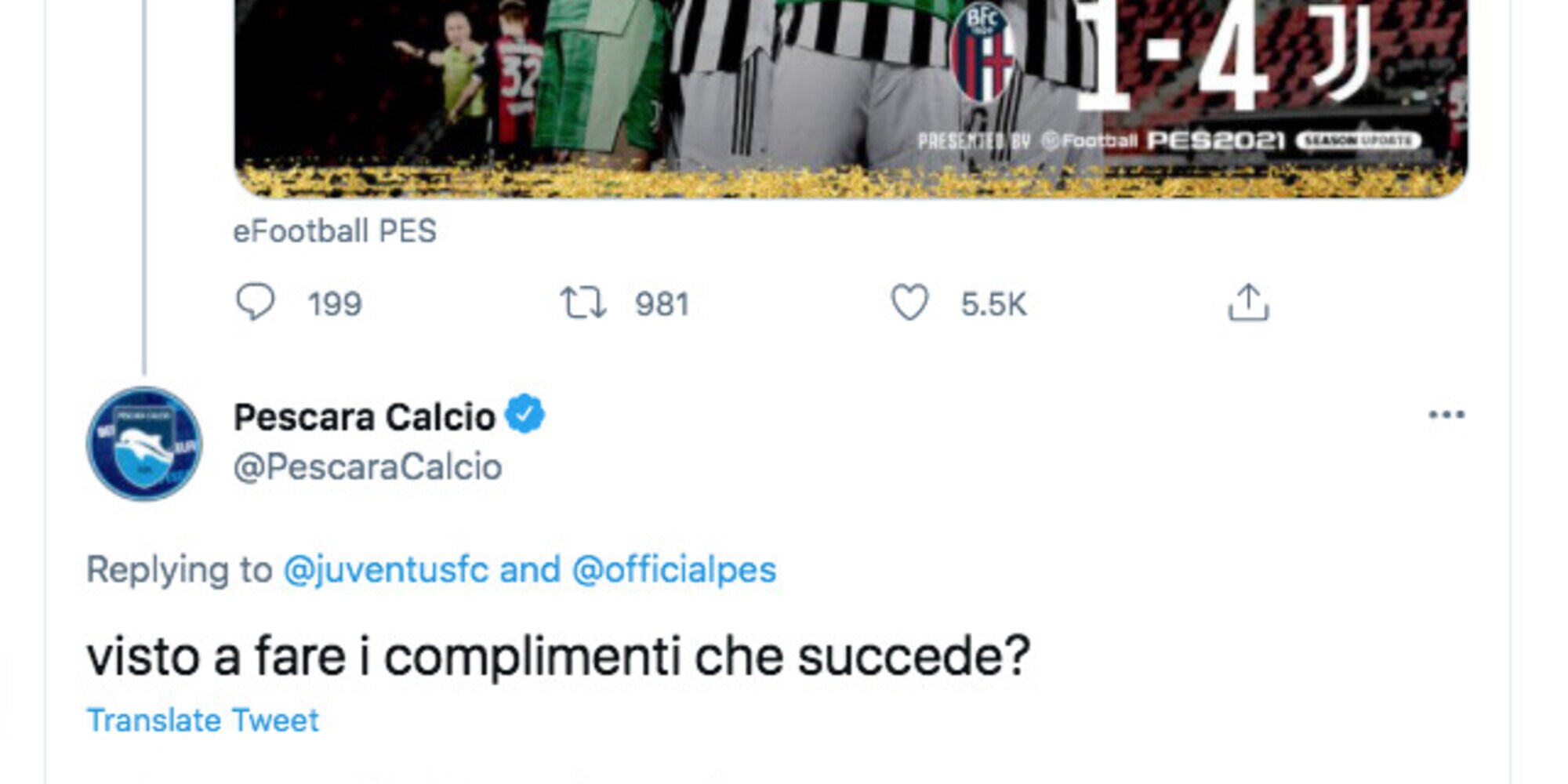 Il Pescara svela il segreto della Juve: «Vedi a fare i complimenti»