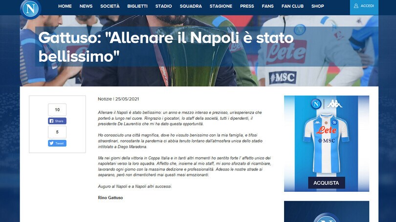 Il saluto di Gattuso: "Allenare il Napoli è stato bellissimo"