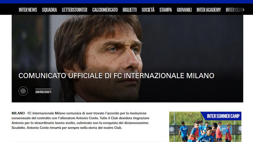 Ufficiale, Inter: Conte ha risolto il contratto