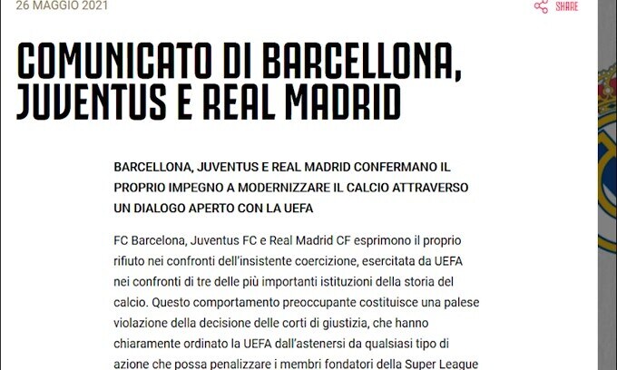 Superlega: duro comunicato di Real,Barca e Juve contro l'Uefa
