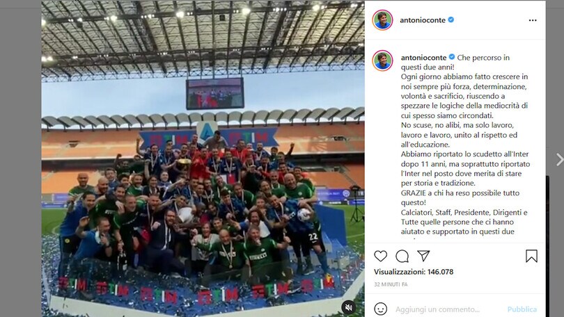 Inter, il saluto di Conte: "Che percorso in questi due anni"