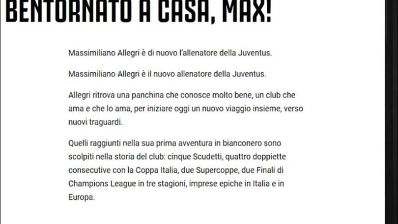 Ufficiale, Juve: Allegri è il nuovo allenatore