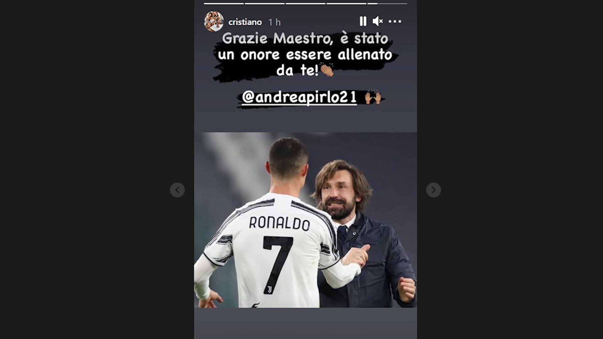 Juve, Ronaldo ringrazia Pirlo: "È stato un onore essere allenato da te"
