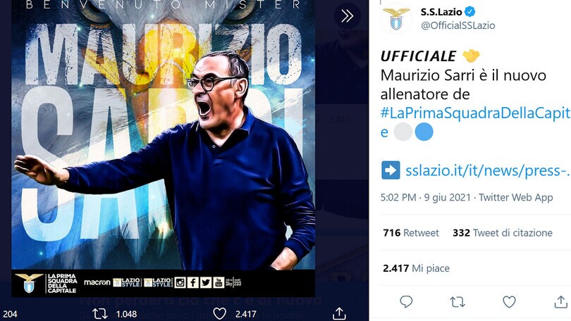 Ufficiale: Sarri è il nuovo allenatore della Lazio