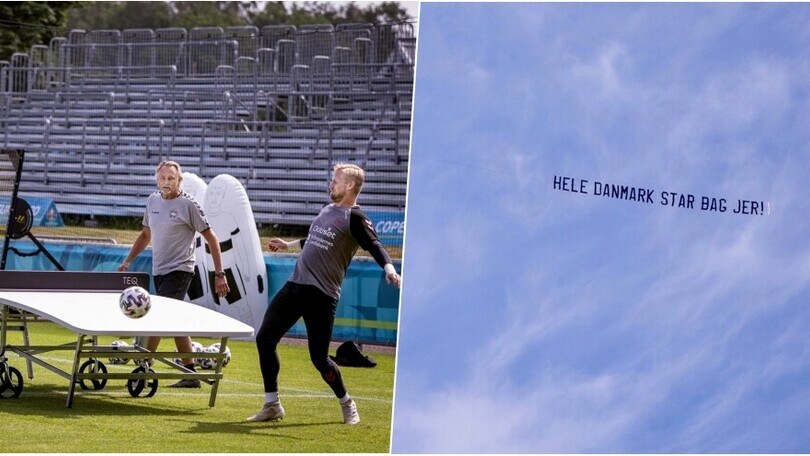Euro 2020, Danimarca: teqball e striscione d'augurio... in cielo