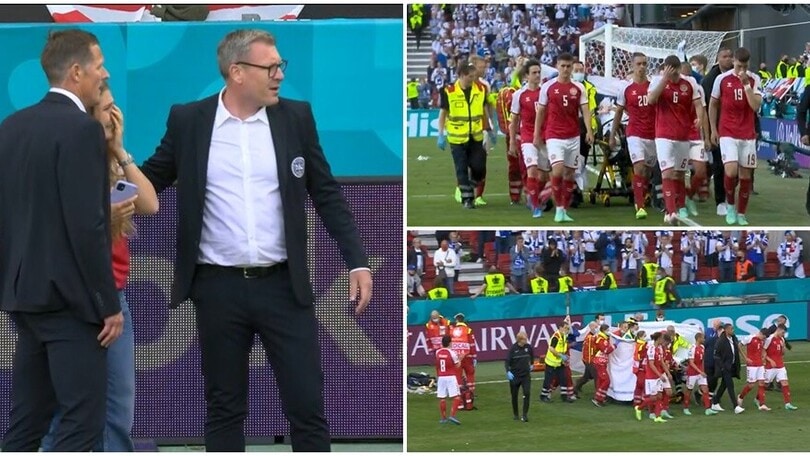 Eriksen scortato dai compagni dopo il malore: la moglie in lacrime