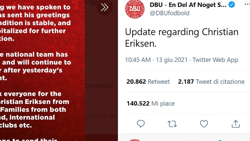 Eriksen, la federcalcio danese: "Condizioni stabili"