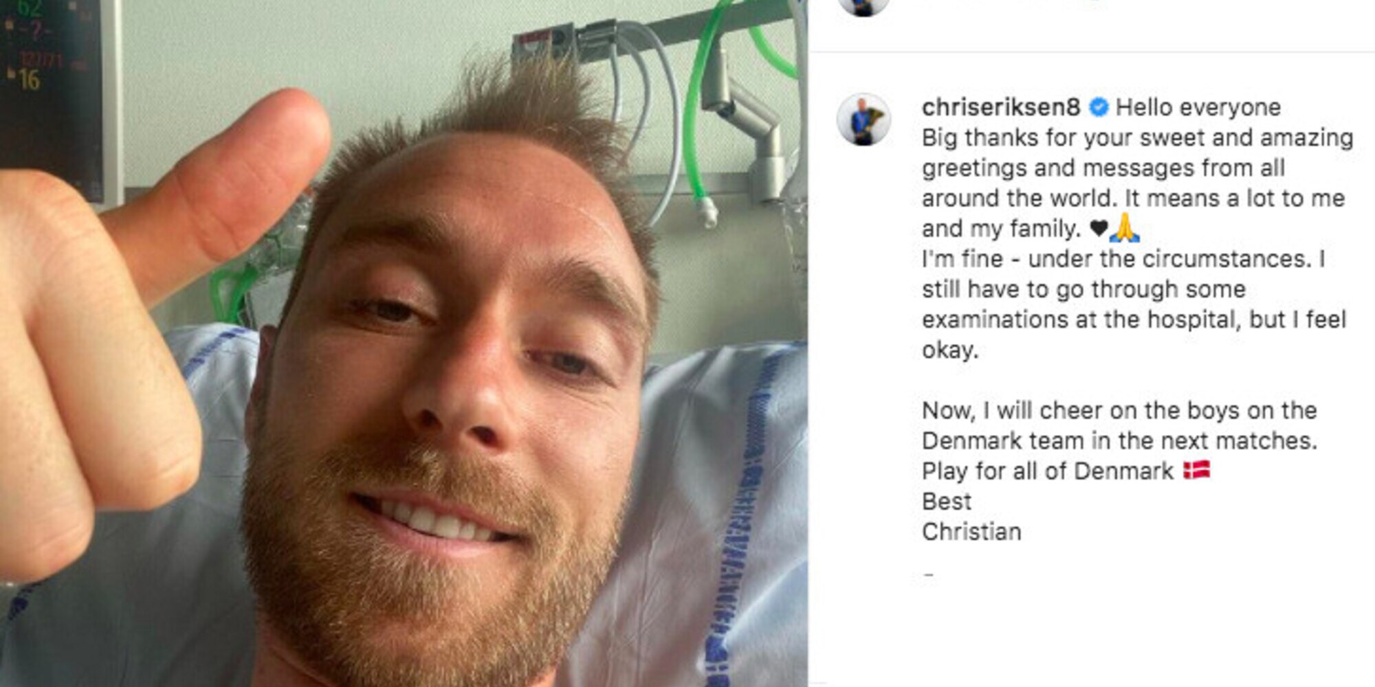 Eriksen, il post su Instagram: "Grazie a tutti per il sostegno"