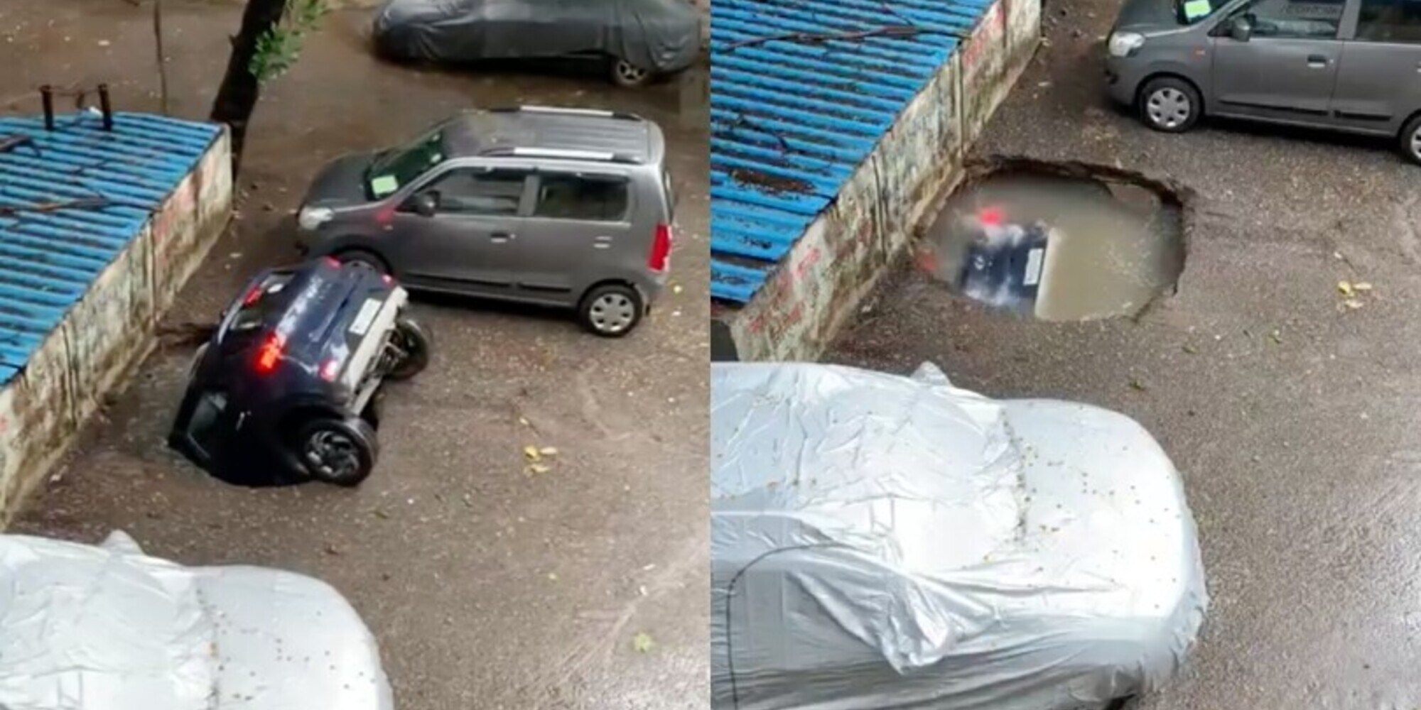 La voragine inghiotte l'auto, i Monsoni affliggono l'India