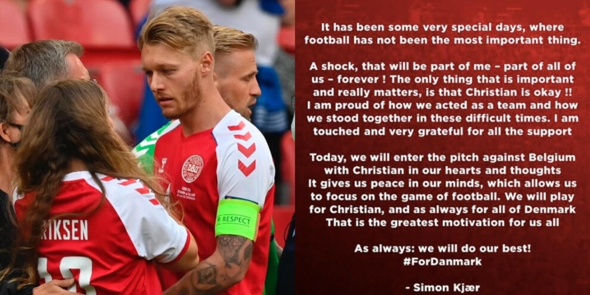 Eriksen, Kjaer gli dedica un messaggio prima di Danimarca-Belgio