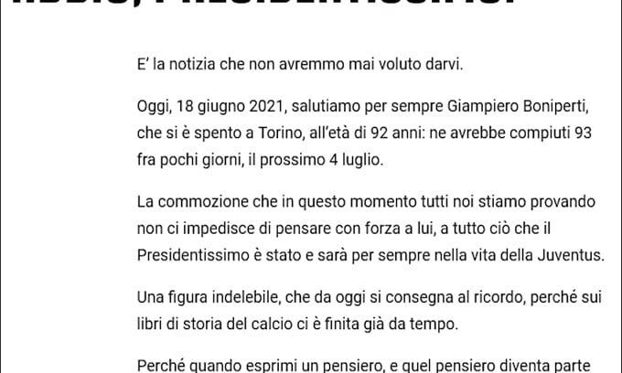 Juve in lutto, addio a Giampiero Boniperti