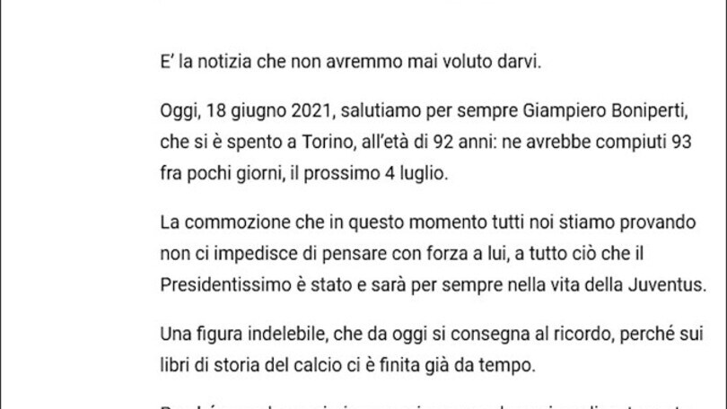 Juve in lutto, addio a Giampiero Boniperti