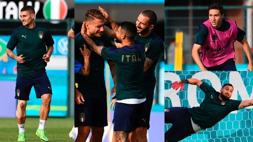 Italia, per Verratti gamba fasciata. Bonucci scherza con Immobile