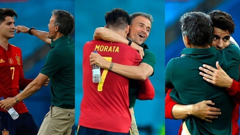 Morata trova il gol con la Spagna: l'abbraccio con Luis Enrique