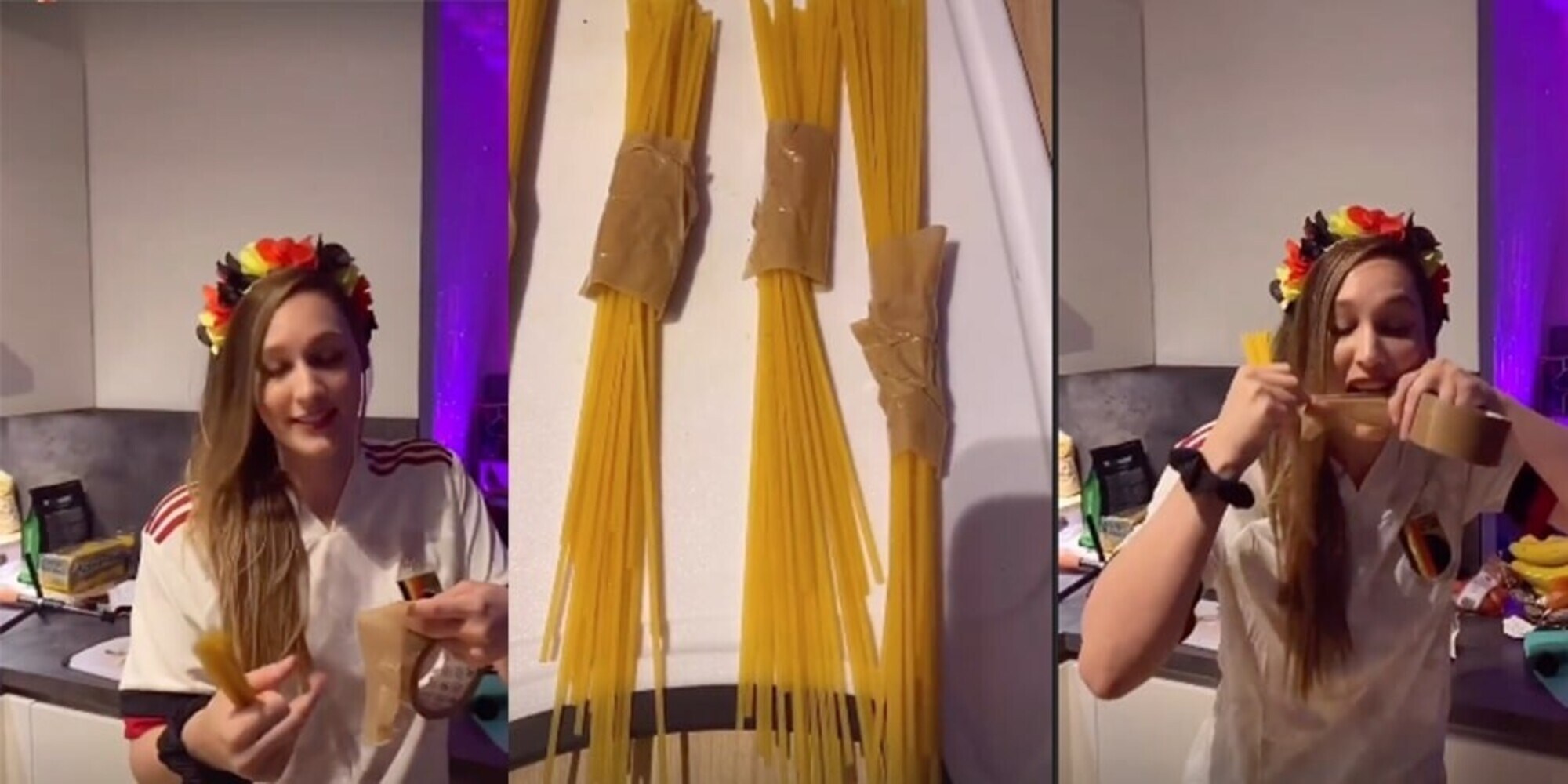 Tifosa belga "incolla" gli spaghetti spezzati dopo la sconfitta