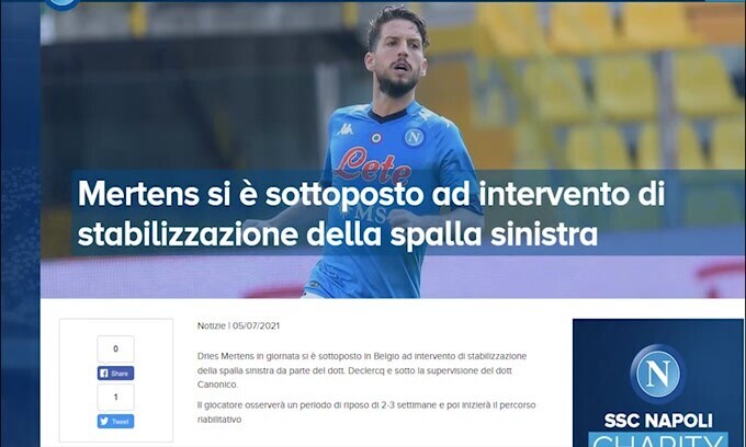 Napoli, operazione alla spalla per Mertens