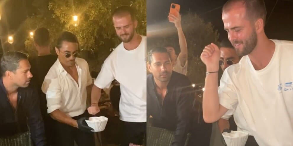Pjanic e Borriello a Mykonos da Nusr-Et, che show con il sale!