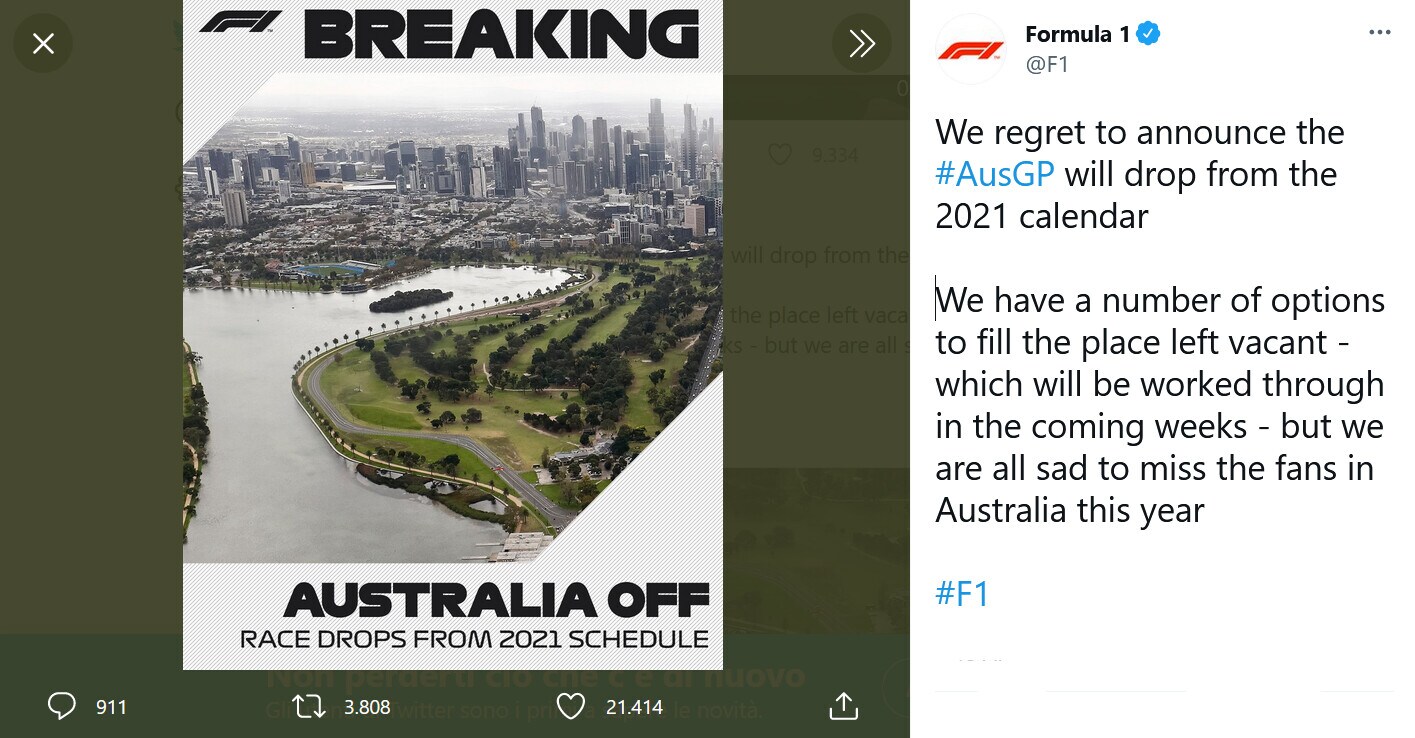 F1, salta il GP d'Australia
