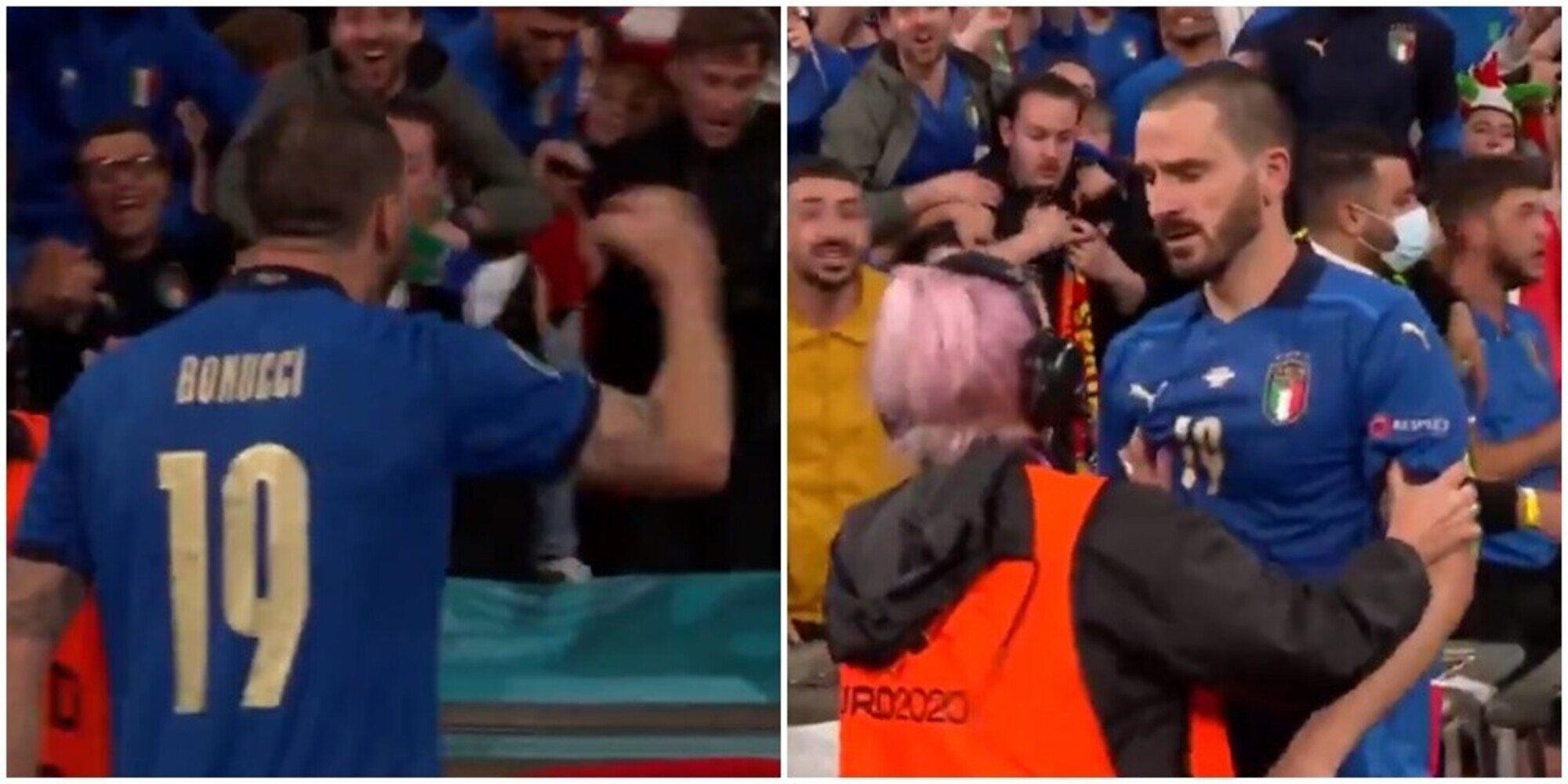 Italia-Spagna, Bonucci scambiato per un invasore da una steward