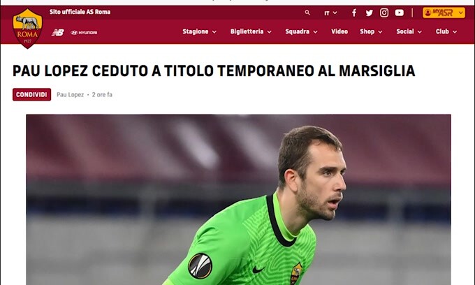Roma, Pau Lopez ceduto al Marsiglia