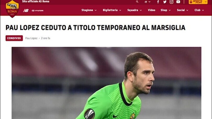 Roma, Pau Lopez ceduto al Marsiglia
