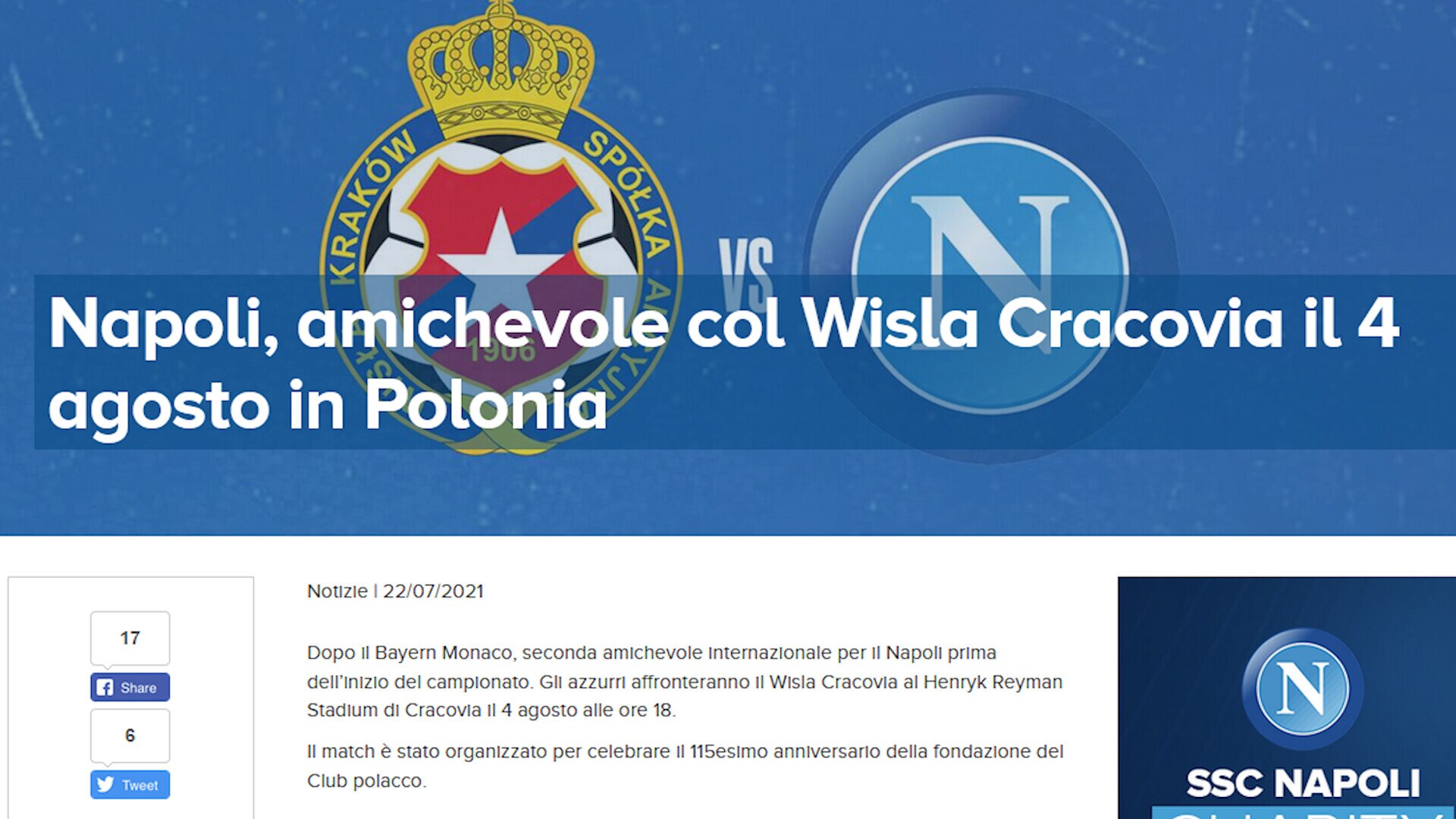 Napoli, il 4 agosto amichevole con il Wisla Cracovia