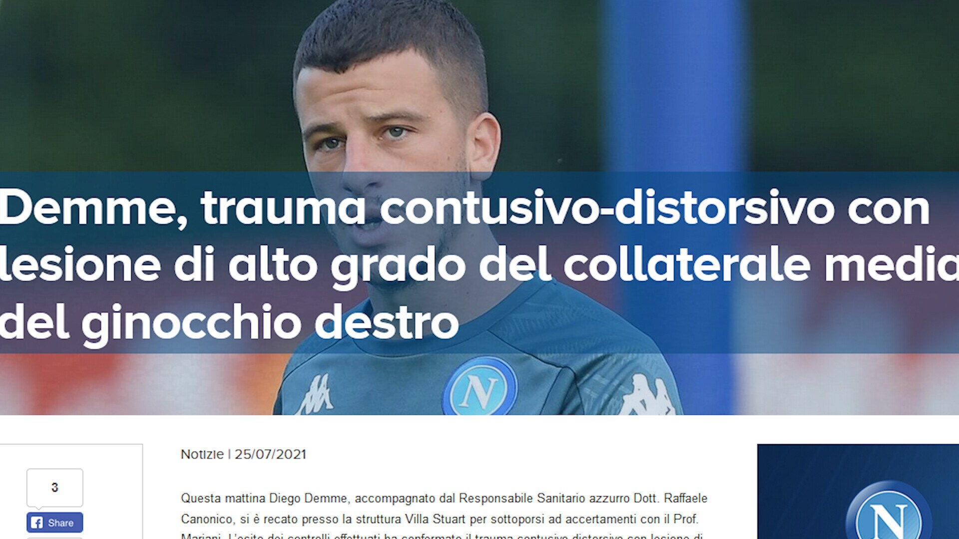 Napoli, tegola per Spalletti: confermata lesione mediale per Demme