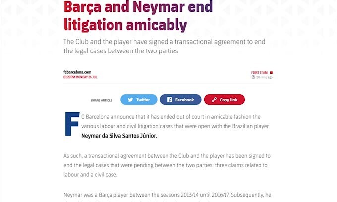 Barcellona-Neymar, accordo raggiunto per chiudere il contenzioso