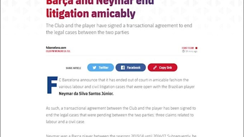 Barcellona-Neymar, accordo raggiunto per chiudere il contenzioso