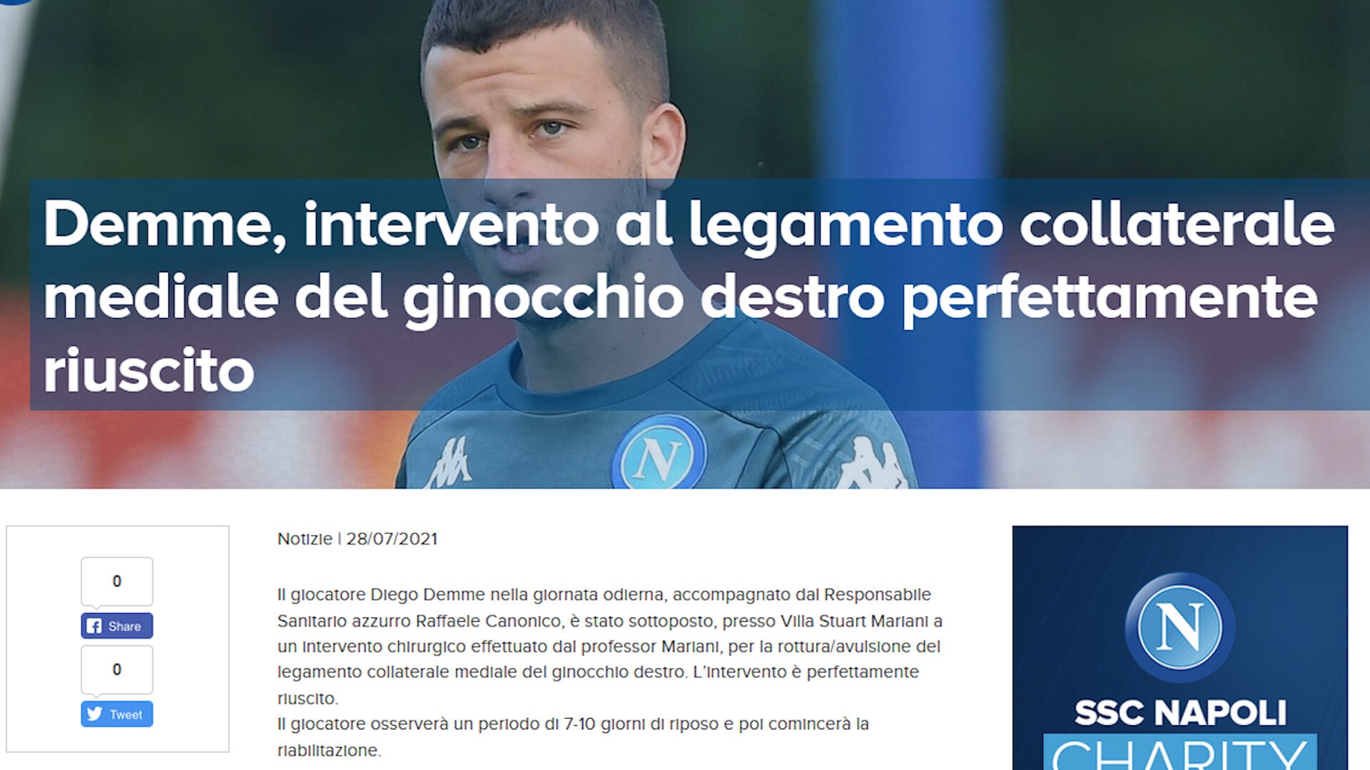 Napoli, per Demme intervento riuscito