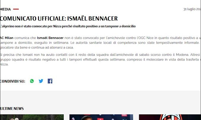 Milan, niente Nizza per Bennacer: è positivo al Covid