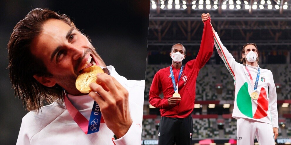 Tamberi e l'amico Barshim: è festa doppia sul podio per l'oro!