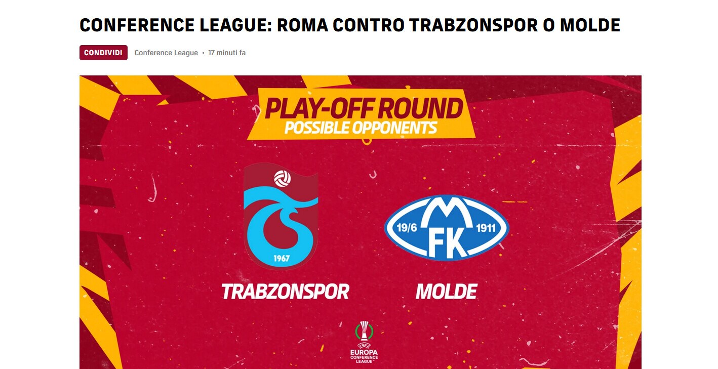 Conference League: la Roma contro una tra Trabzonspor e Molde