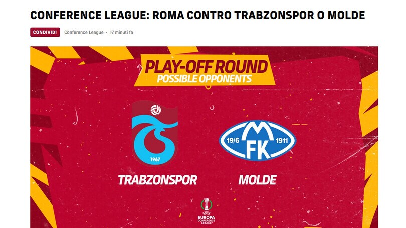 Conference League: la Roma contro una tra Trabzonspor e Molde