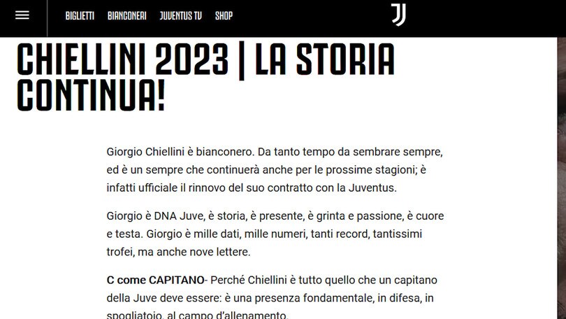 Juve, ufficiale il rinnovo di Chiellini fino al 2023